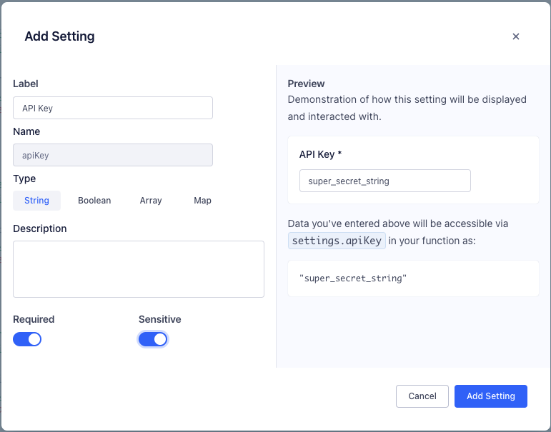 A screenshot of the "Add Setting" section of the functions settings tab, with apiKey settings included